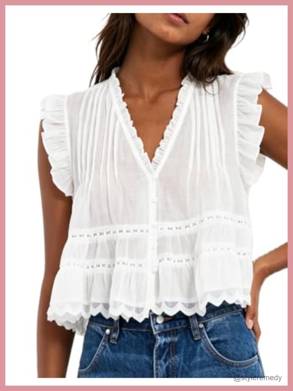 Ruffle V Neck Babydoll Tank Top Semi Sheer Lace Peplum Button Down Crop Shirt
